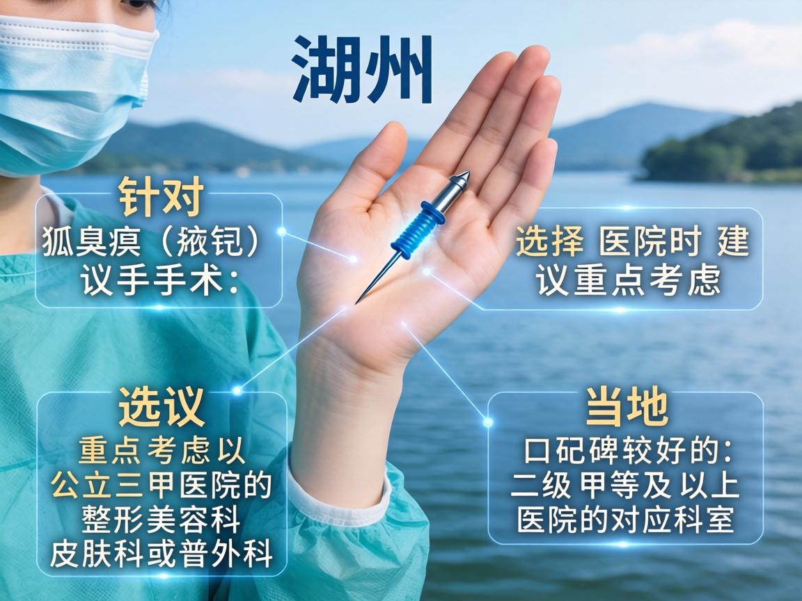 在湖州,针对狐臭(腋臭)手术,选择医院时建议重点考虑公立三甲医院的整形美容科、皮肤科或普外科,以及当地口碑较好的二级甲等及以上医院的对应科室 在湖州,针对狐臭(腋臭)手术,选择医院时建议重点考虑公立三甲医院的整形美容科、皮肤科或普外科,以及当地口碑较好的二级甲等及以上医院的对应科室