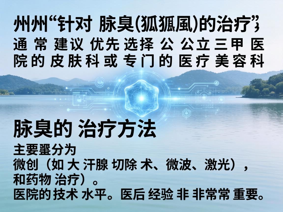 在湖州,针对腋臭(狐臭)的治疗,通常建议优先选择公立三甲医院的皮肤科或专门的医疗美容科。腋臭的治疗方法主要分为微创(如大汗腺切除术、微波、激光)和药物治疗,医院的技术水平和医生经验非常重要 在湖州,针对腋臭(狐臭)的治疗,通常建议优先选择公立三甲医院的皮肤科或专门的医疗美容科。腋臭的治疗方法主要分为微创(如大汗腺切除术、微波、激光)和药物治疗,医院的技术水平和医生经验非常重要