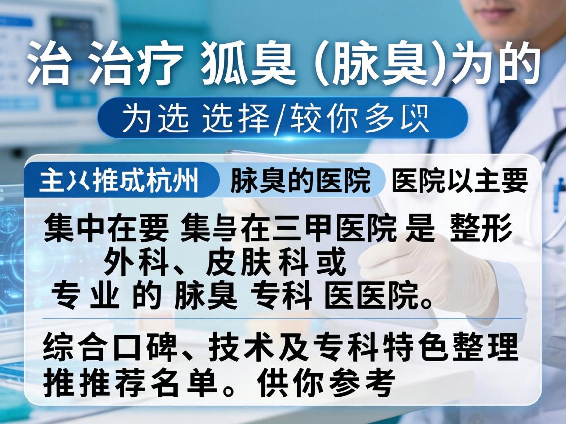 在杭州,治疗狐臭(腋臭)的医院选择较多,主要集中在三甲医院的整形外科、皮肤科或专业的腋臭专科医院。以下是综合口碑、技术及专科特色整理的推荐名单,供你参考 在杭州,治疗狐臭(腋臭)的医院选择较多,主要集中在三甲医院的整形外科、皮肤科或专业的腋臭专科医院。以下是综合口碑、技术及专科特色整理的推荐名单,供你参考