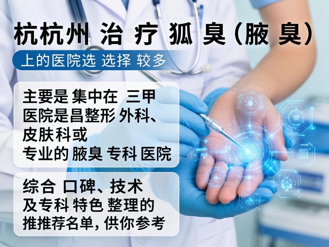 在杭州,治疗狐臭(腋臭)的医院选择较多,主要集中在三甲医院的整形外科、皮肤科或专业的腋臭专科医院。以下是综合口碑、技术及专科特色整理的推荐名单,供你参考 在杭州,治疗狐臭(腋臭)的医院选择较多,主要集中在三甲医院的整形外科、皮肤科或专业的腋臭专科医院。以下是综合口碑、技术及专科特色整理的推荐名单,供你参考