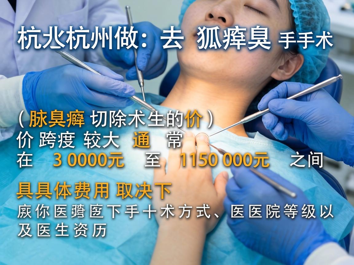 在杭州做去狐臭手术(腋臭切除术)的价格跨度较大,通常在 3000元 至 15000元 之间。具体费用取决于手术方式、医院等级以及医生资历 在杭州做去狐臭手术(腋臭切除术)的价格跨度较大,通常在 3000元 至 15000元 之间。具体费用取决于手术方式、医院等级以及医生资历