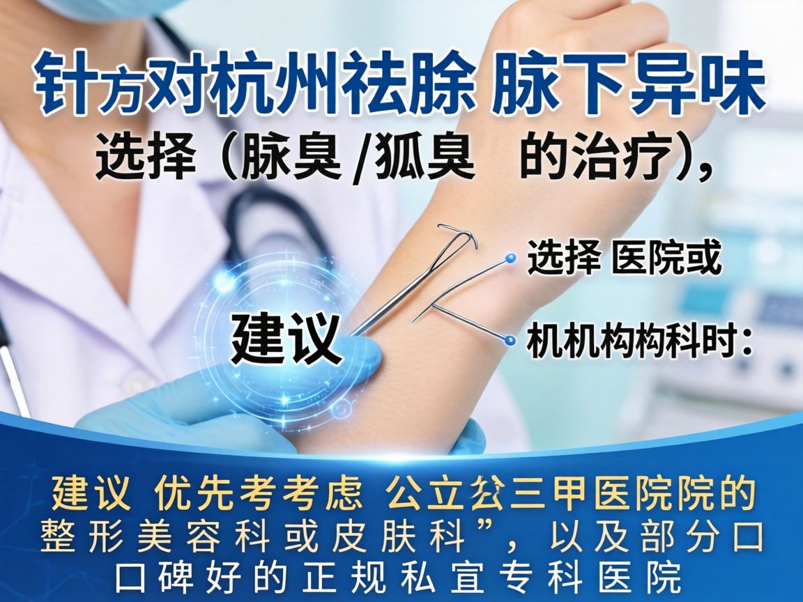 针对杭州祛除腋下异味（腋臭/狐臭）的治疗，选择医院或机构时，建议优先考虑公立三甲医院的整形美容科或皮肤科，以及部分口碑好的正规私立专科医院