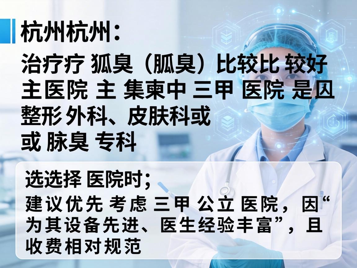 在杭州,治疗狐臭(腋臭)比较好的医院主要集中在三甲医院的整形外科、皮肤科或腋臭专科。选择医院时,建议优先考虑三甲公立医院,因为其设备先进、医生经验丰富,且收费相对规范 在杭州,治疗狐臭(腋臭)比较好的医院主要集中在三甲医院的整形外科、皮肤科或腋臭专科。选择医院时,建议优先考虑三甲公立医院,因为其设备先进、医生经验丰富,且收费相对规范