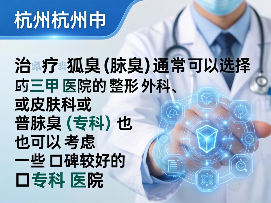 在杭州,治疗狐臭(腋臭)通常可以选择三甲医院的整形外科、皮肤科或普外科(腋臭专科)也可以考虑一些口碑较好的专科医院 在杭州,治疗狐臭(腋臭)通常可以选择三甲医院的整形外科、皮肤科或普外科(腋臭专科)也可以考虑一些口碑较好的专科医院