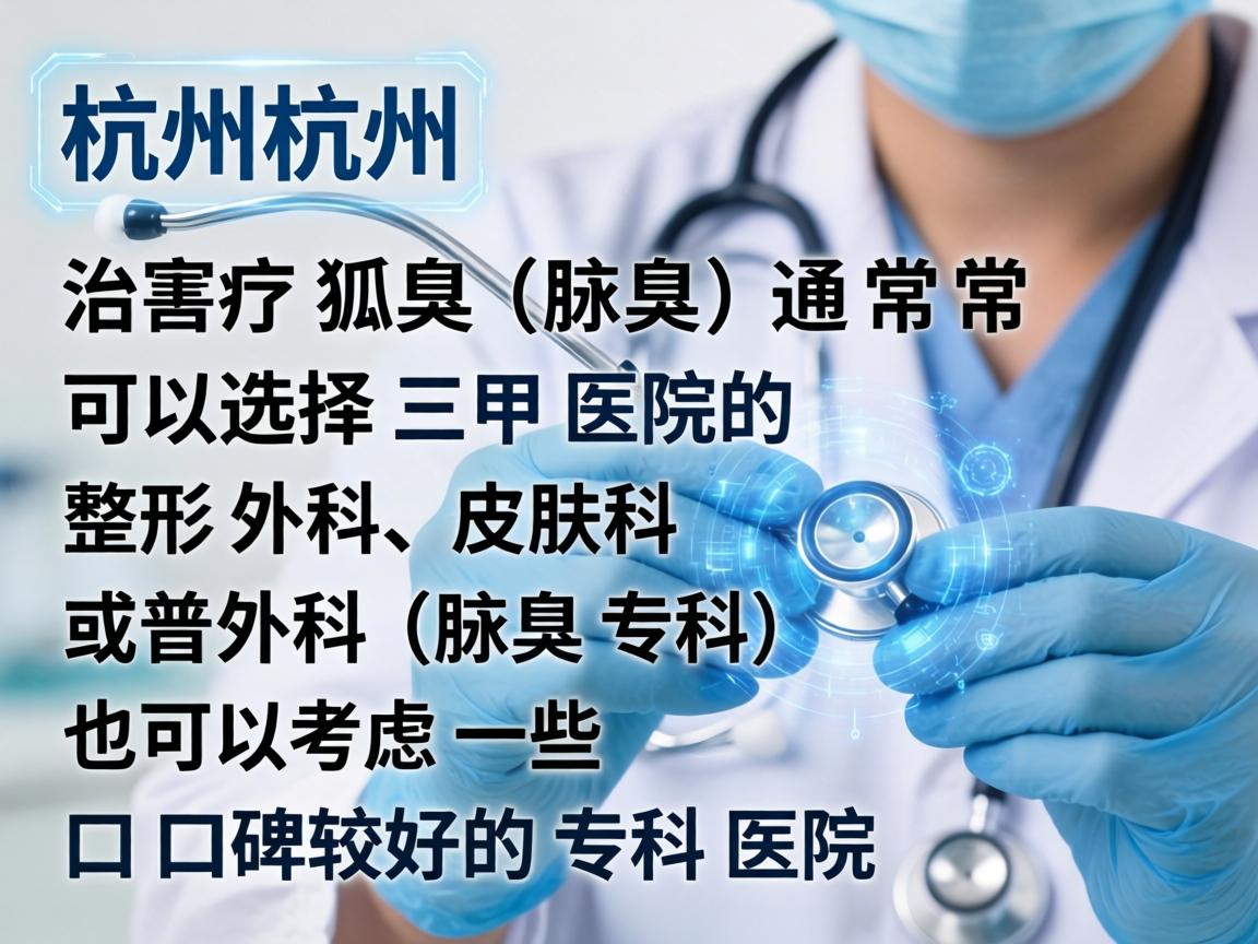 在杭州,治疗狐臭(腋臭)通常可以选择三甲医院的整形外科、皮肤科或普外科(腋臭专科)也可以考虑一些口碑较好的专科医院 在杭州,治疗狐臭(腋臭)通常可以选择三甲医院的整形外科、皮肤科或普外科(腋臭专科)也可以考虑一些口碑较好的专科医院