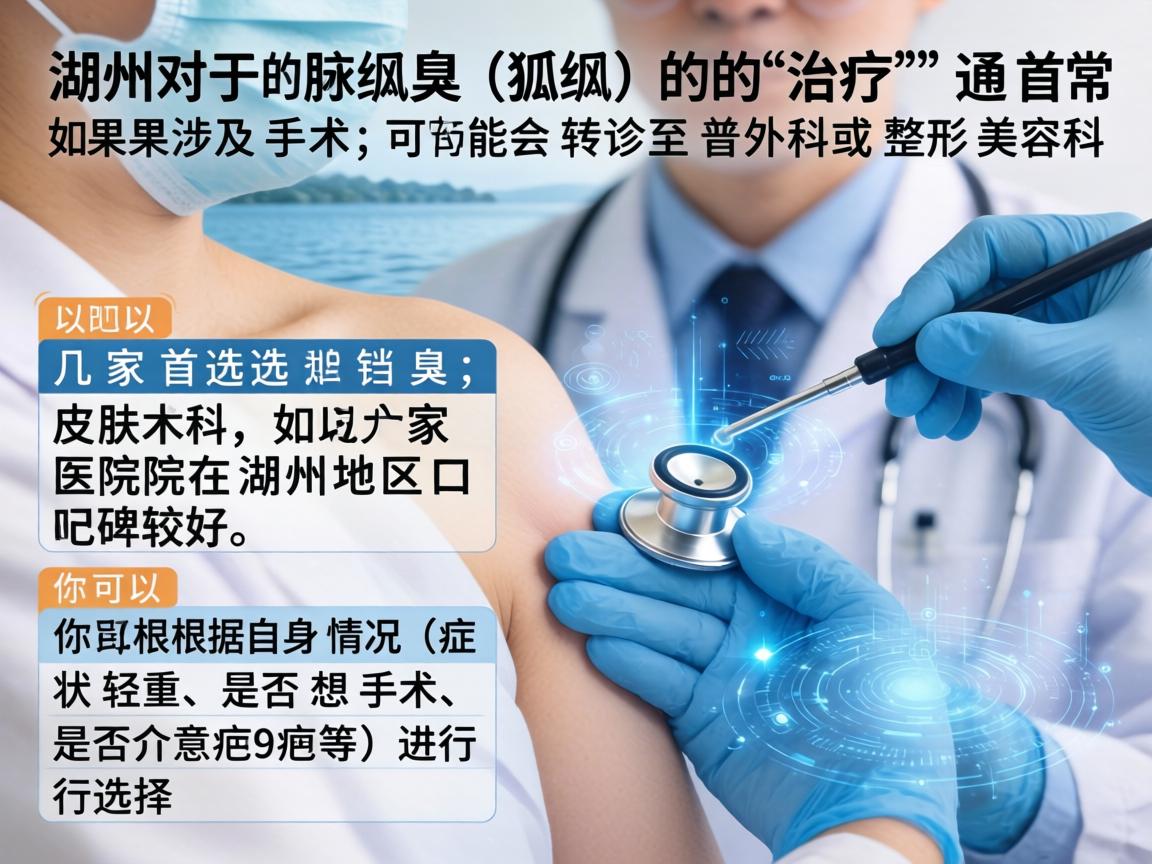 在湖州，对于腋臭（狐臭）的治疗，通常首选皮肤科，如果涉及手术，可能会转诊至普外科或整形美容科。以下几家医院在湖州地区口碑较好，你可以根据自身情况（如症状轻重、是否想手术、是否介意疤痕等）进行选择