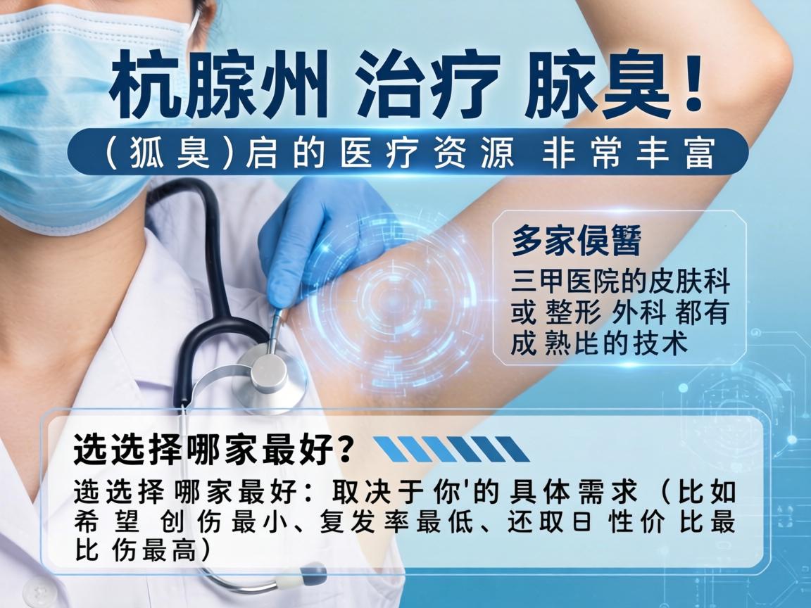 杭州治疗腋臭(狐臭)的医疗资源非常丰富,多家三甲医院的皮肤科或整形外科都有成熟的技术。选择哪家最好,取决于你的具体需求(比如希望创伤最小、复发率最低、还是性价比最高) 杭州治疗腋臭(狐臭)的医疗资源非常丰富,多家三甲医院的皮肤科或整形外科都有成熟的技术。选择哪家最好,取决于你的具体需求(比如希望创伤最小、复发率最低、还是性价比最高)