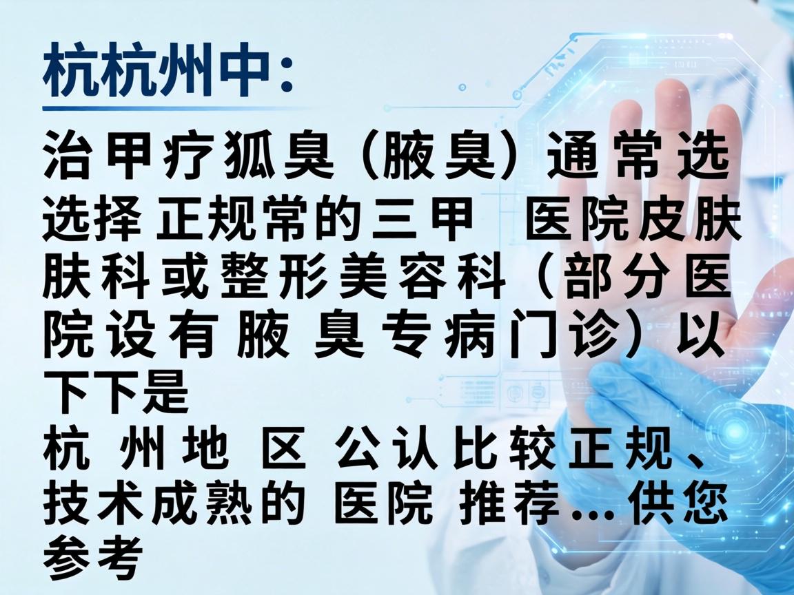 在杭州,治疗狐臭(腋臭)通常选择正规的三甲医院皮肤科或整形美容科(部分医院设有腋臭专病门诊)以下是杭州地区公认比较正规、技术成熟的医院推荐,供您参考 在杭州,治疗狐臭(腋臭)通常选择正规的三甲医院皮肤科或整形美容科(部分医院设有腋臭专病门诊)以下是杭州地区公认比较正规、技术成熟的医院推荐,供您参考
