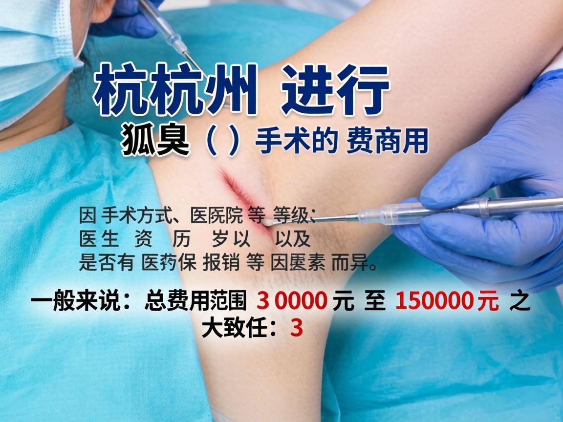 在杭州,进行狐臭(腋臭)手术的费用因手术方式、医院等级、医生资历以及是否有医保报销等因素而异。一般来说,总费用范围大致在 3000元 至 15000元 之间 在杭州,进行狐臭(腋臭)手术的费用因手术方式、医院等级、医生资历以及是否有医保报销等因素而异。一般来说,总费用范围大致在 3000元 至 15000元 之间