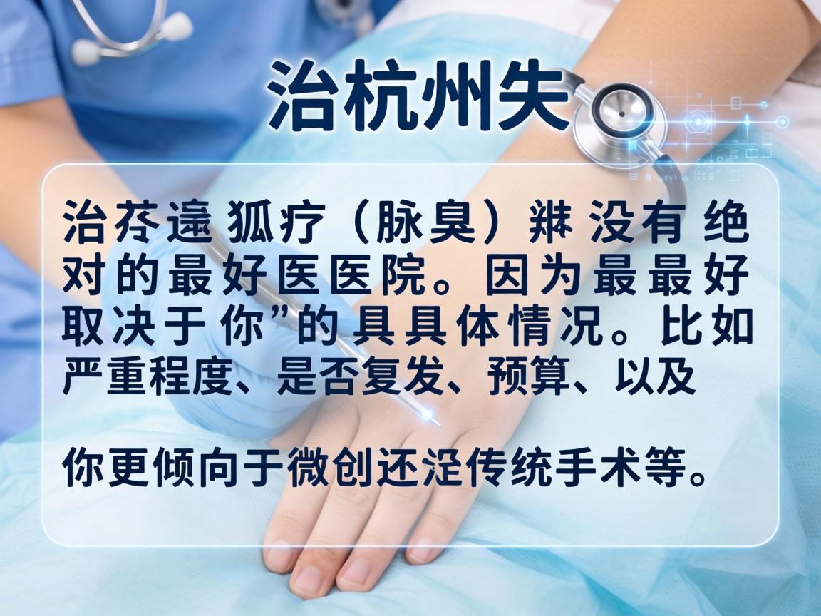 在杭州,治疗狐臭(腋臭)并没有绝对的最好医院,因为最好取决于你的具体情况,比如严重程度、是否复发、预算、以及你更倾向于微创还是传统手术等 在杭州,治疗狐臭(腋臭)并没有绝对的最好医院,因为最好取决于你的具体情况,比如严重程度、是否复发、预算、以及你更倾向于微创还是传统手术等