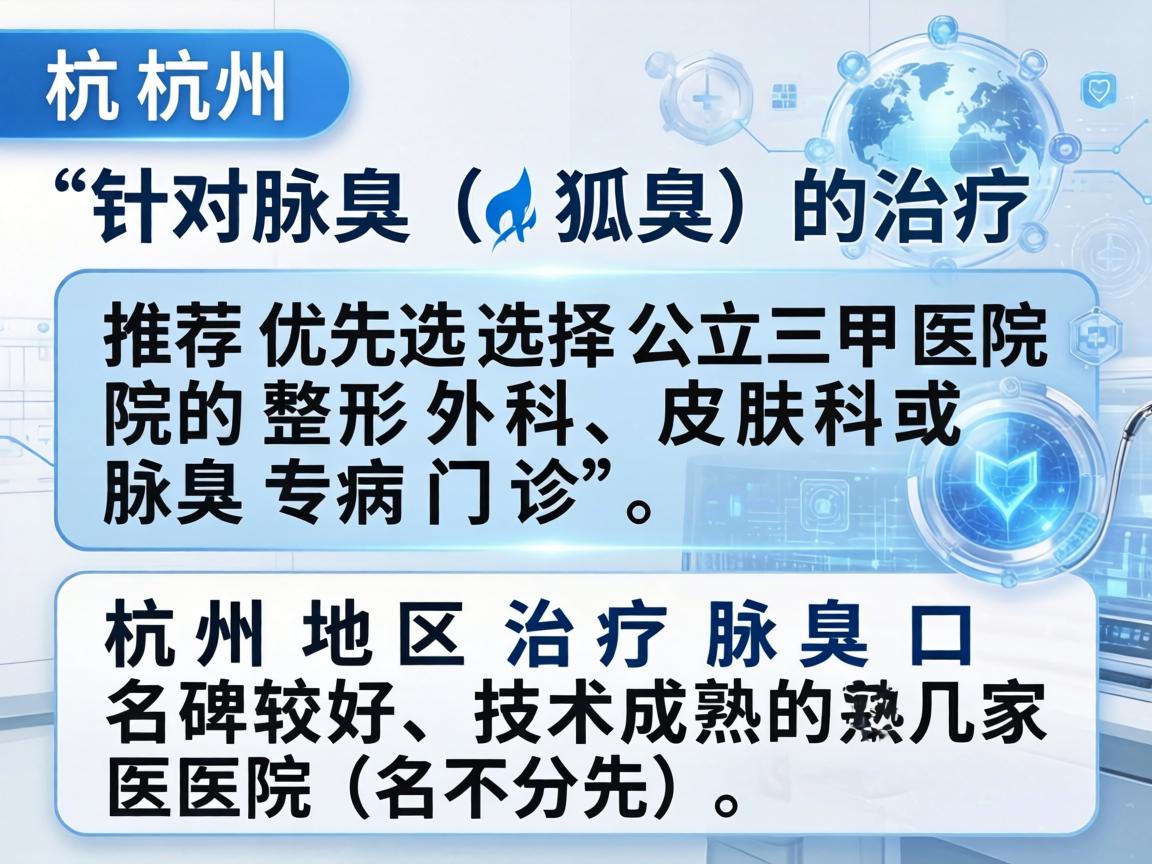在杭州,针对腋臭(狐臭)的治疗,推荐优先选择公立三甲医院的整形外科、皮肤科或腋臭专病门诊。以下是杭州地区治疗腋臭口碑较好、技术成熟的几家医院(排名不分先后) 在杭州,针对腋臭(狐臭)的治疗,推荐优先选择公立三甲医院的整形外科、皮肤科或腋臭专病门诊。以下是杭州地区治疗腋臭口碑较好、技术成熟的几家医院(排名不分先后)
