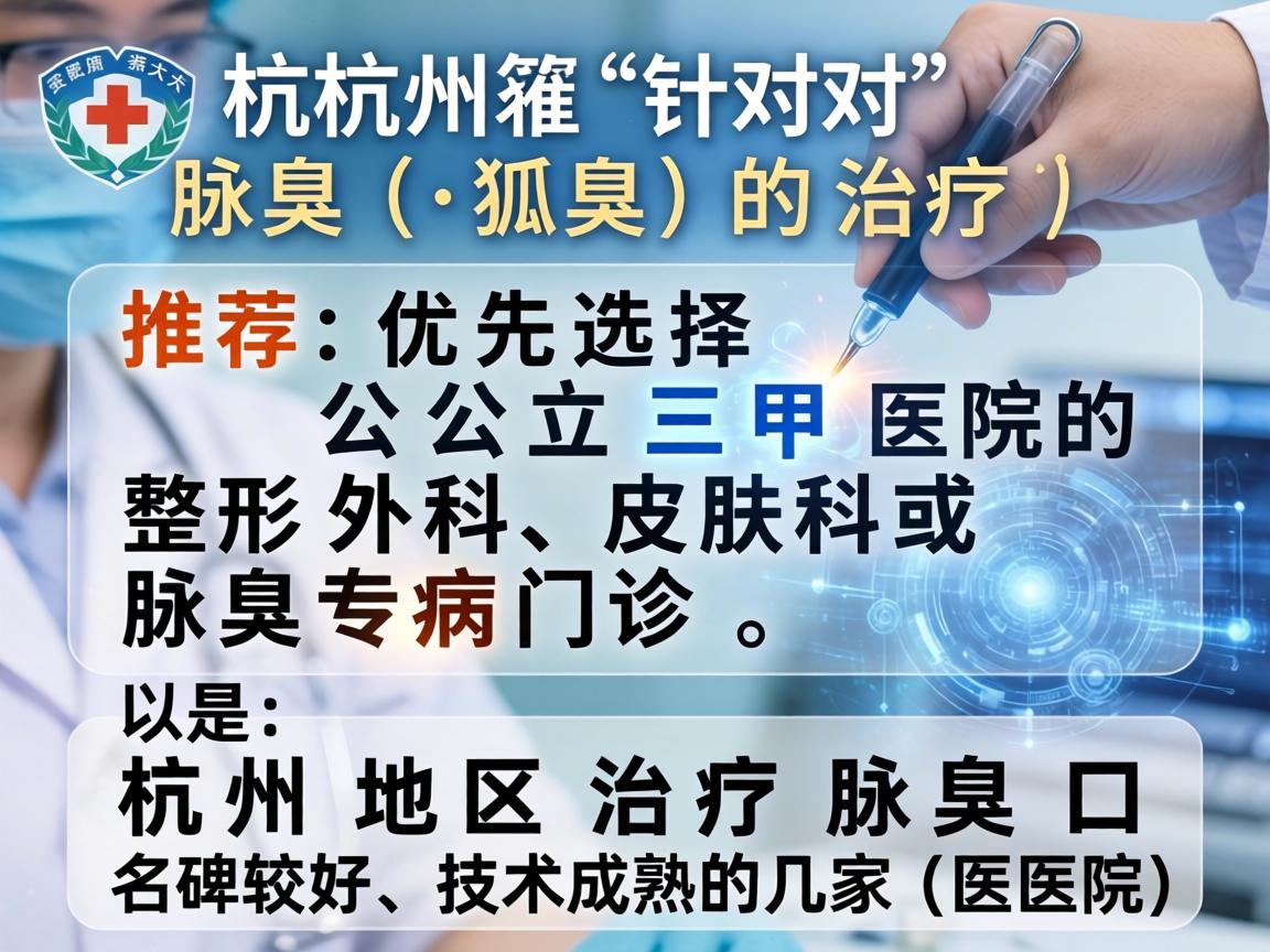 在杭州,针对腋臭(狐臭)的治疗,推荐优先选择公立三甲医院的整形外科、皮肤科或腋臭专病门诊。以下是杭州地区治疗腋臭口碑较好、技术成熟的几家医院(排名不分先后) 在杭州,针对腋臭(狐臭)的治疗,推荐优先选择公立三甲医院的整形外科、皮肤科或腋臭专病门诊。以下是杭州地区治疗腋臭口碑较好、技术成熟的几家医院(排名不分先后)