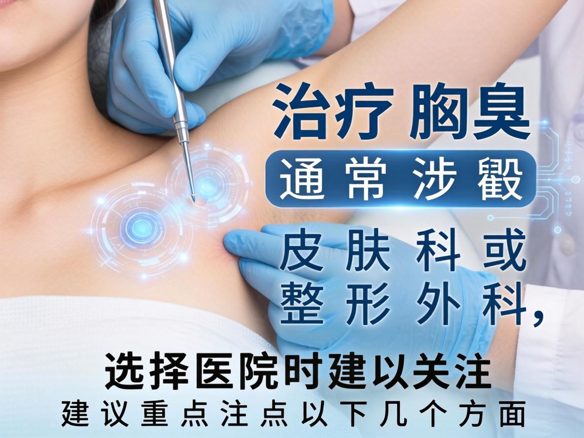 治疗腋臭通常涉及皮肤科或整形外科，选择医院时建议重点关注以下几个方面