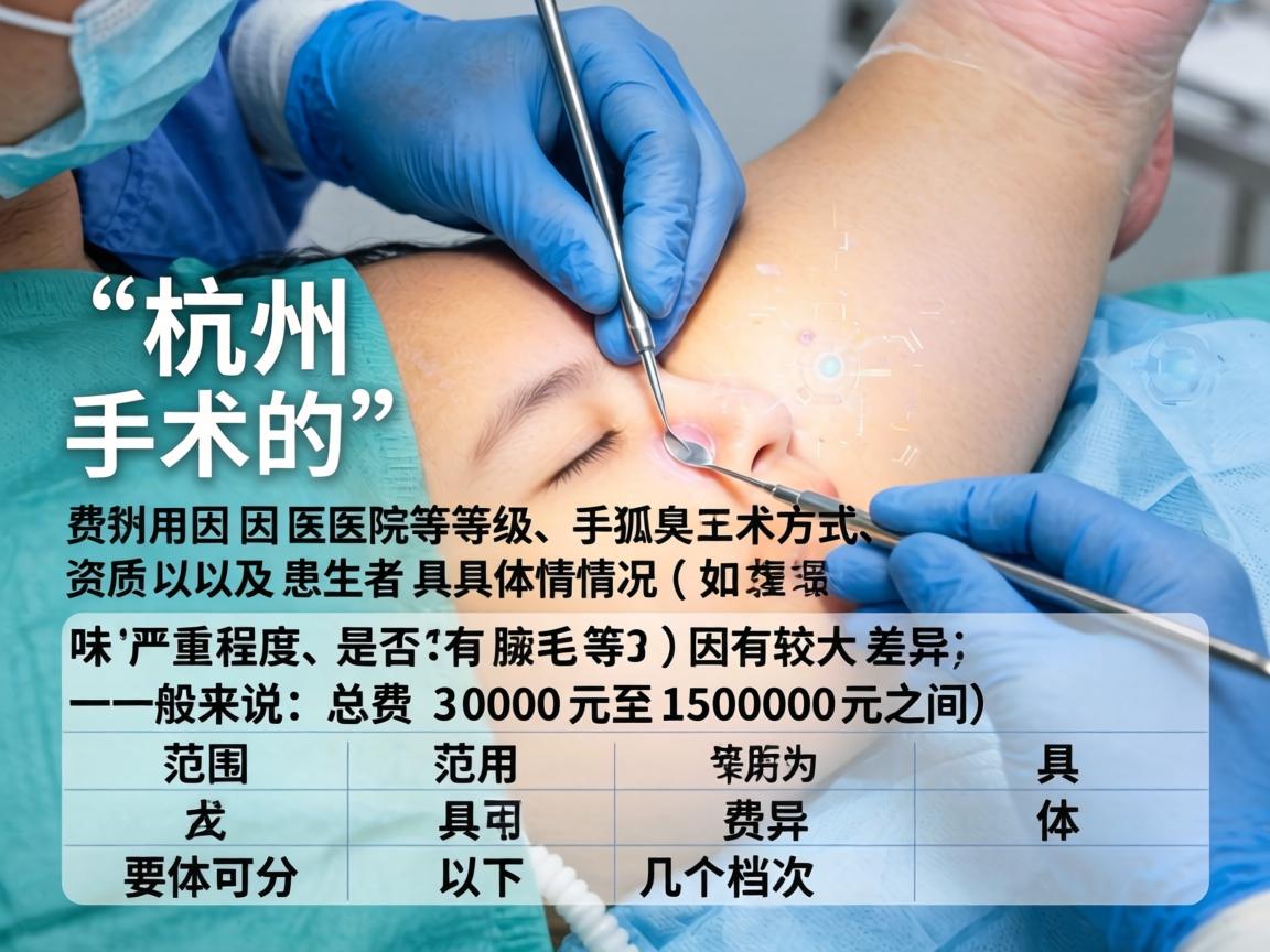 在杭州，狐臭手术的费用因医院等级、手术方式、医生资质以及患者具体情况（如异味严重程度、是否有腋毛等）而有较大差异。一般来说，总费用范围在3000元至15000元之间，具体可分为以下几个档次