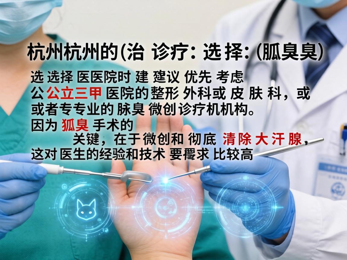 在杭州治疗狐臭（腋臭）选择医院时建议优先考虑公立三甲医院的整形外科或皮肤科，或者专业的腋臭微创诊疗机构。因为狐臭手术的关键在于微创和彻底清除大汗腺，这对医生的经验和技术要求比较高
