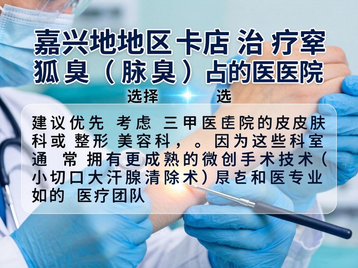 嘉兴地区治疗狐臭（腋臭）的医院选择，建议优先考虑三甲医院的皮肤科或整形美容科，因为这些科室通常拥有更成熟的微创手术技术（如小切口大汗腺清除术）和专业的医疗团队