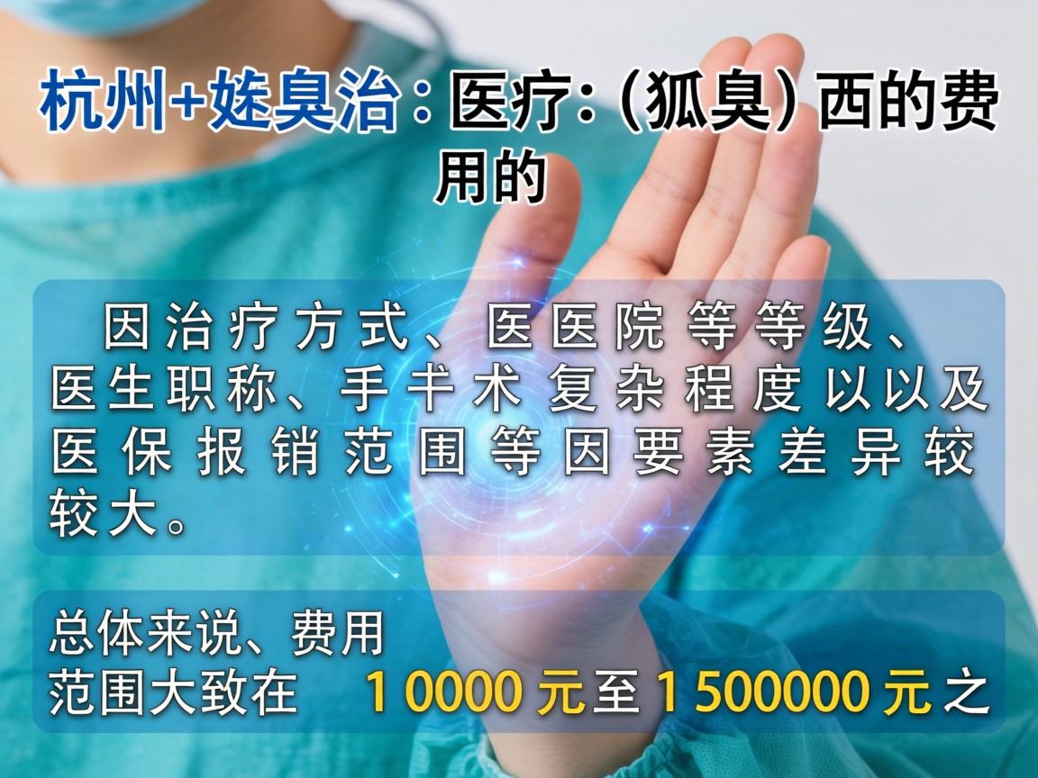 在杭州治疗狐臭（腋臭）的费用因治疗方式、医院等级、医生职称、手术复杂程度以及医保报销范围等因素差异较大。总体来说，费用范围大致在 1000元至15000元 之间