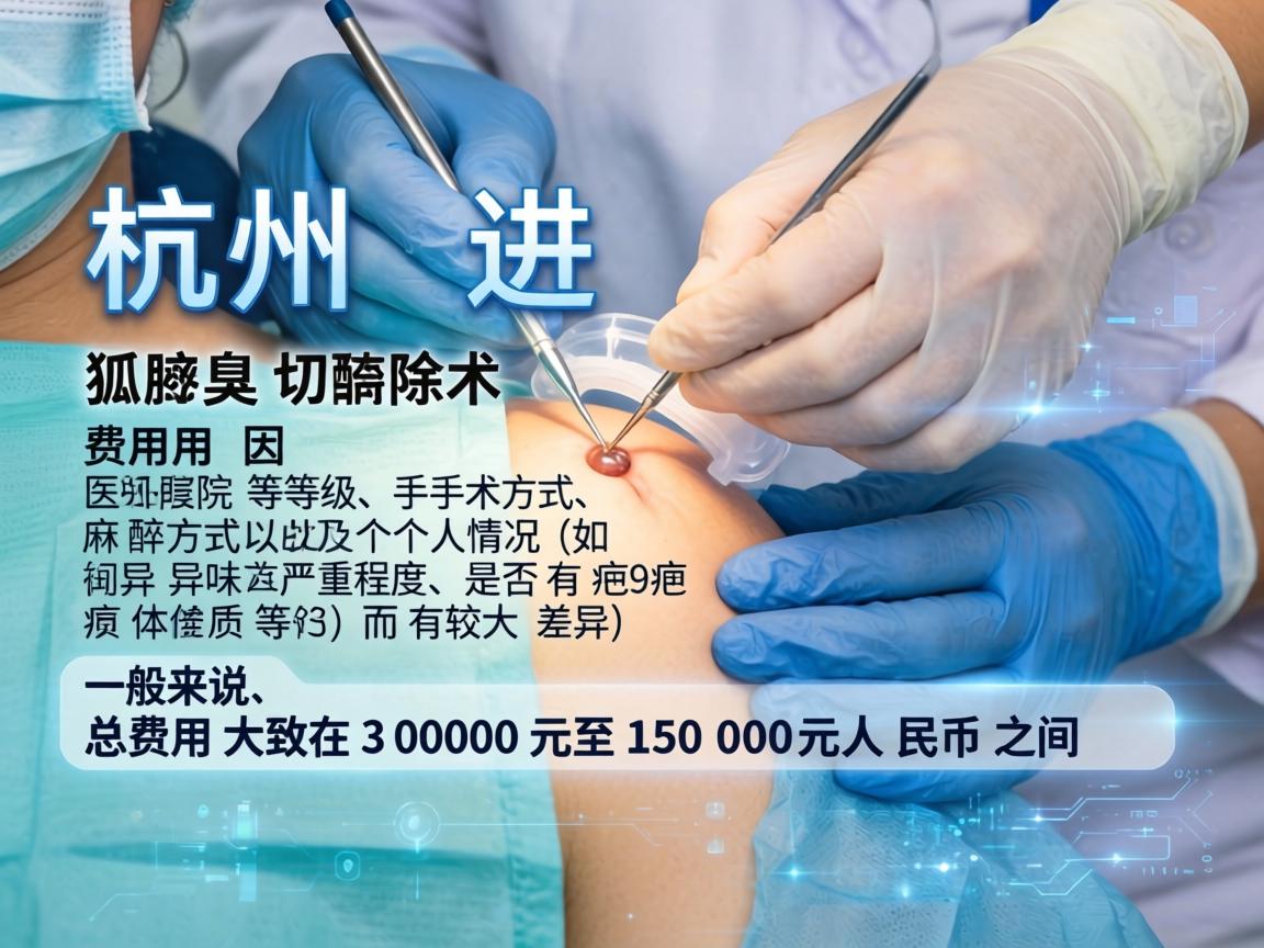 在杭州进行狐臭手术（腋臭切除术）的费用因医院等级、手术方式、麻醉方式以及个人情况（如异味严重程度、是否有疤痕体质等）而有较大差异。一般来说，总费用大致在3000元至15000元人民币之间