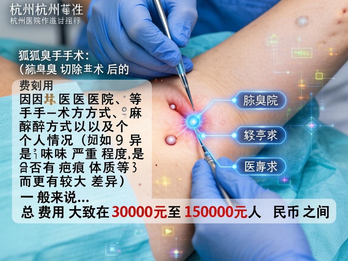 在杭州进行狐臭手术（腋臭切除术）的费用因医院等级、手术方式、麻醉方式以及个人情况（如异味严重程度、是否有疤痕体质等）而有较大差异。一般来说，总费用大致在3000元至15000元人民币之间