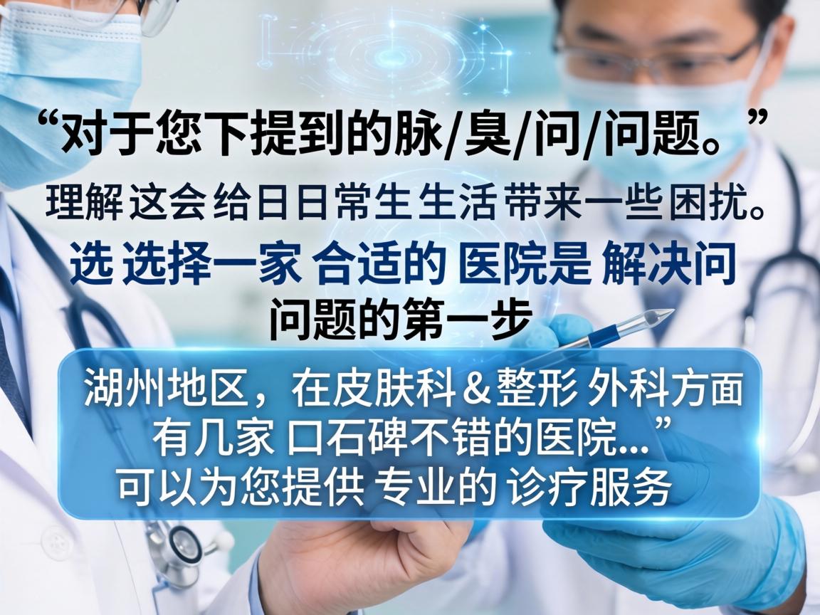 对于您提到的腋臭问题，理解这会给日常生活带来一些困扰，选择一家合适的医院是解决问题的第一步。湖州地区在皮肤科和整形外科方面有几家口碑不错的医院，可以为您提供专业的诊疗服务