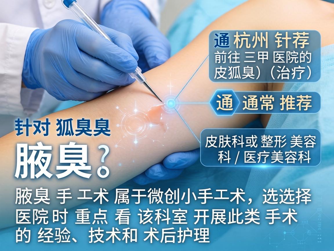 在杭州，针对腋臭（狐臭）的治疗，通常推荐前往三甲医院的皮肤科或整形美容科/医疗美容科。腋臭手术属于微创小手术，选择医院时重点看该科室开展此类手术的经验、技术和术后护理