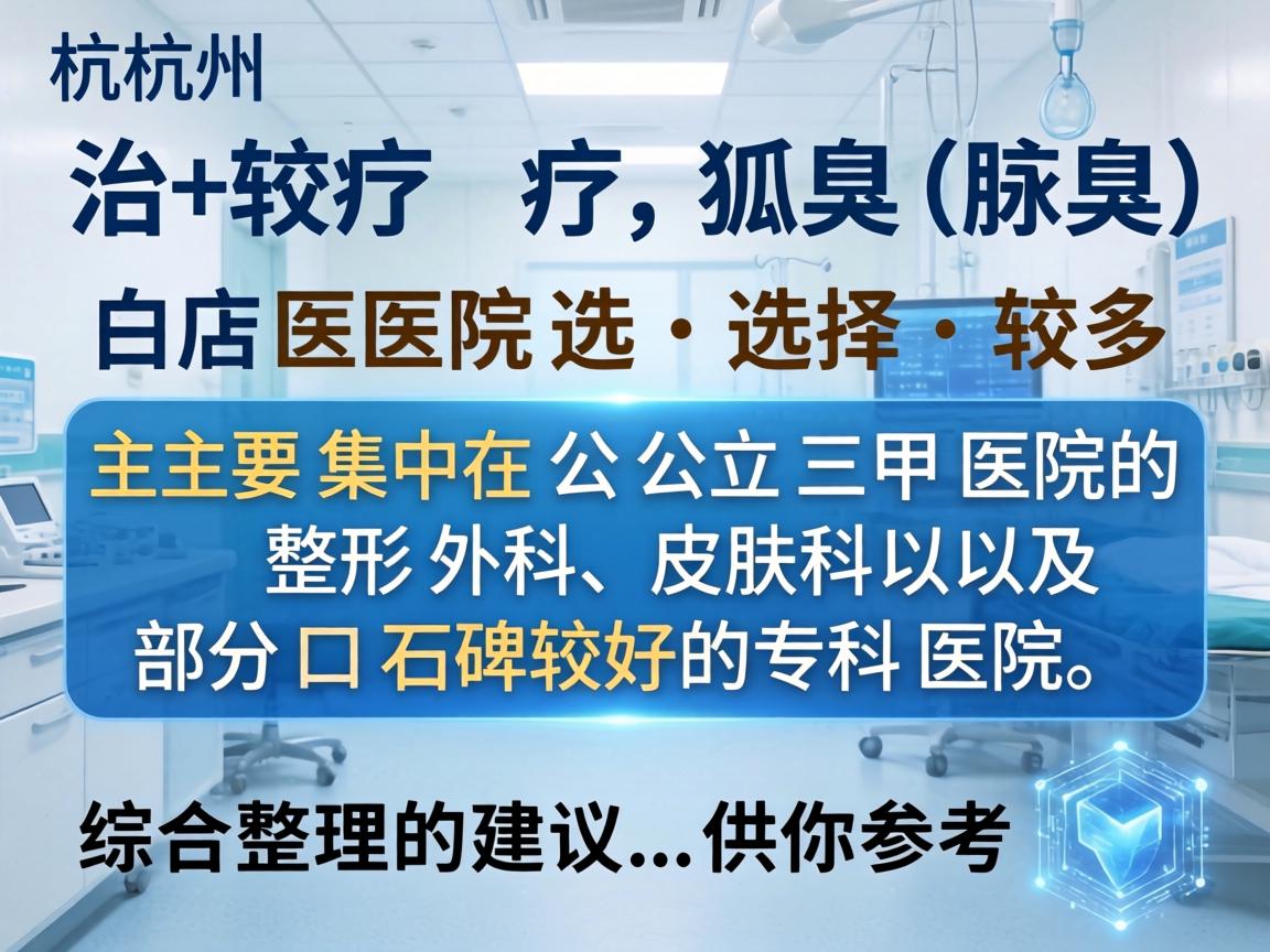 在杭州,治疗狐臭(腋臭)的医院选择较多,主要集中在公立三甲医院的整形外科、皮肤科以及部分口碑较好的专科医院。以下是综合整理的建议,供你参考 在杭州,治疗狐臭(腋臭)的医院选择较多,主要集中在公立三甲医院的整形外科、皮肤科以及部分口碑较好的专科医院。以下是综合整理的建议,供你参考