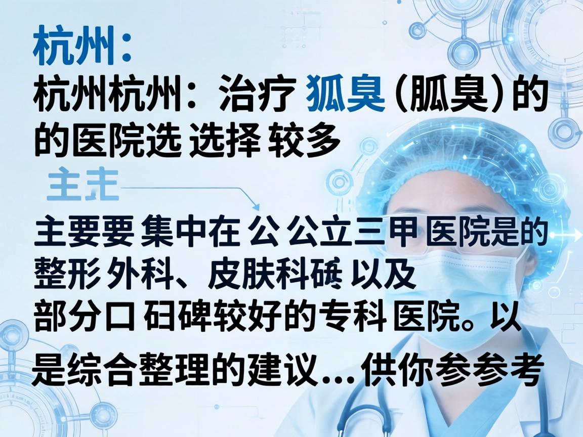 在杭州,治疗狐臭(腋臭)的医院选择较多,主要集中在公立三甲医院的整形外科、皮肤科以及部分口碑较好的专科医院。以下是综合整理的建议,供你参考 在杭州,治疗狐臭(腋臭)的医院选择较多,主要集中在公立三甲医院的整形外科、皮肤科以及部分口碑较好的专科医院。以下是综合整理的建议,供你参考