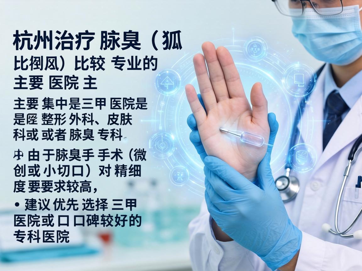 在杭州,治疗腋臭(狐臭)比较专业的医院主要集中在三甲医院的整形外科、皮肤科或者腋臭专科。由于腋臭手术(微创或小切口)对精细度要求较高,建议优先选择三甲医院或口碑较好的专科医院 在杭州,治疗腋臭(狐臭)比较专业的医院主要集中在三甲医院的整形外科、皮肤科或者腋臭专科。由于腋臭手术(微创或小切口)对精细度要求较高,建议优先选择三甲医院或口碑较好的专科医院