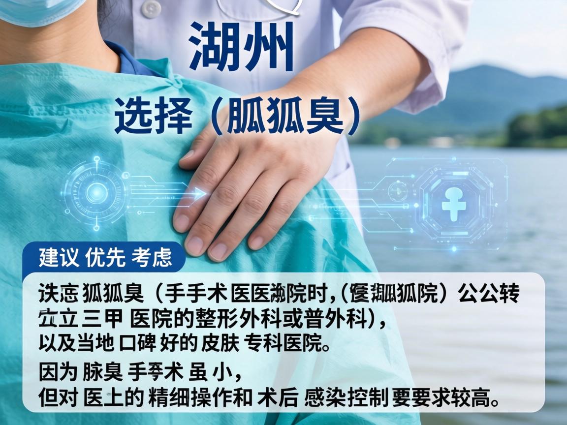 在湖州,选择腋臭(狐臭)手术医院时,建议优先考虑公立三甲医院的整形外科或普外科,以及当地口碑好的皮肤专科医院。因为腋臭手术虽小,但对医生的精细操作和术后感染控制要求较高 在湖州,选择腋臭(狐臭)手术医院时,建议优先考虑公立三甲医院的整形外科或普外科,以及当地口碑好的皮肤专科医院。因为腋臭手术虽小,但对医生的精细操作和术后感染控制要求较高
