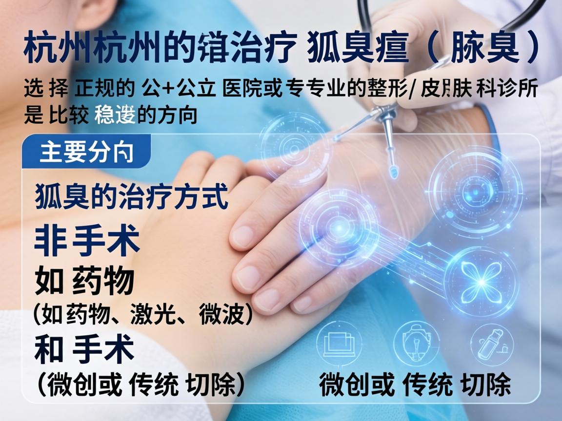 在杭州治疗狐臭(腋臭)选择正规的公立医院或专业的整形/皮肤科诊所是比较稳妥的方向。狐臭的治疗方式主要分为非手术(如药物、激光、微波)和手术(微创或传统切除) 在杭州治疗狐臭(腋臭)选择正规的公立医院或专业的整形/皮肤科诊所是比较稳妥的方向。狐臭的治疗方式主要分为非手术(如药物、激光、微波)和手术(微创或传统切除)