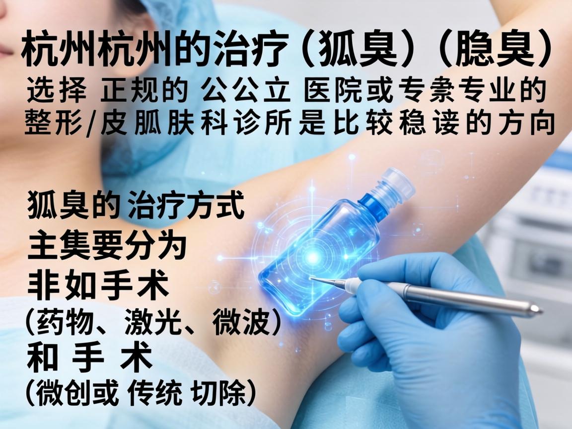 在杭州治疗狐臭(腋臭)选择正规的公立医院或专业的整形/皮肤科诊所是比较稳妥的方向。狐臭的治疗方式主要分为非手术(如药物、激光、微波)和手术(微创或传统切除) 在杭州治疗狐臭(腋臭)选择正规的公立医院或专业的整形/皮肤科诊所是比较稳妥的方向。狐臭的治疗方式主要分为非手术(如药物、激光、微波)和手术(微创或传统切除)