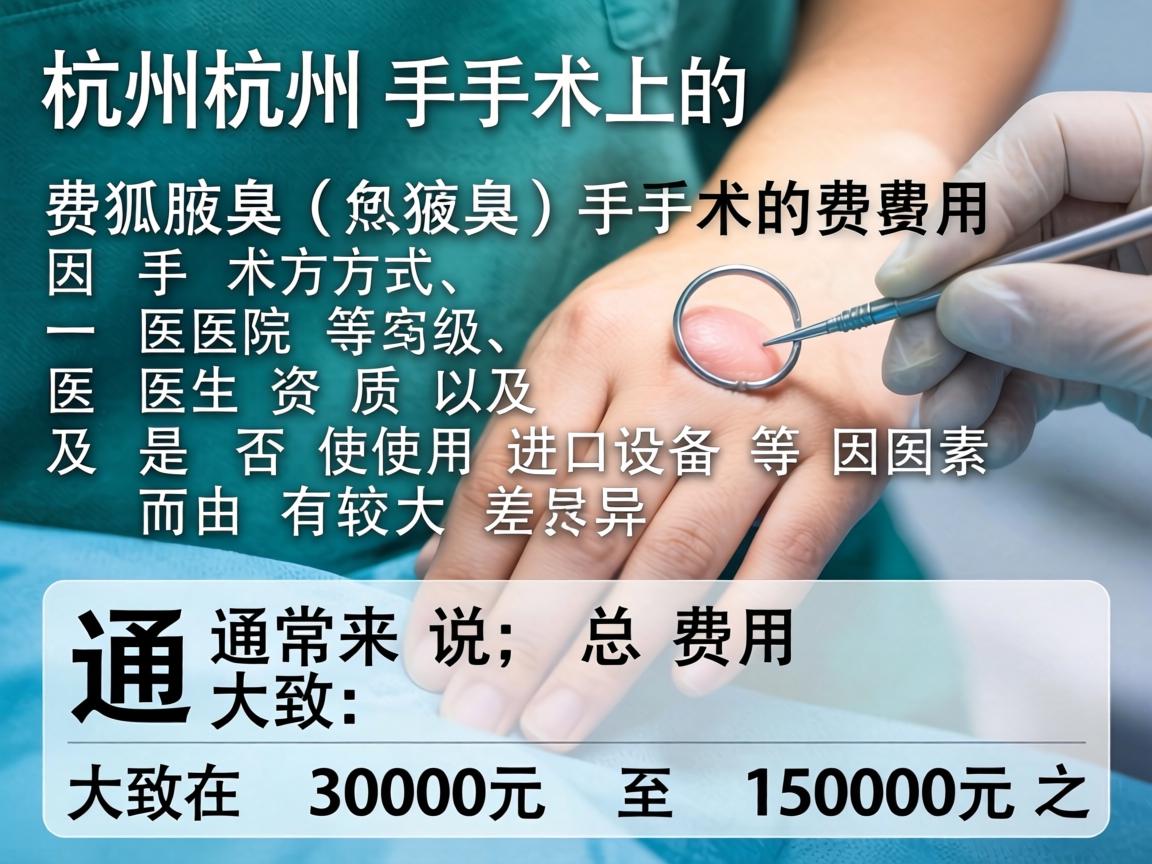 在杭州，狐臭（腋臭）手术的费用因手术方式、医院等级、医生资质以及是否使用进口设备等因素而有较大差异。通常来说，总费用大致在 3000元 至 15000元 之间