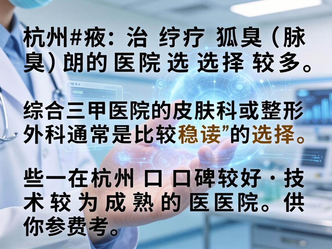 杭州治疗狐臭（腋臭）的医院选择较多，综合三甲医院的皮肤科或整形外科通常是比较稳妥的选择。以下是一些在杭州口碑较好、技术较为成熟的医院，供你参考
