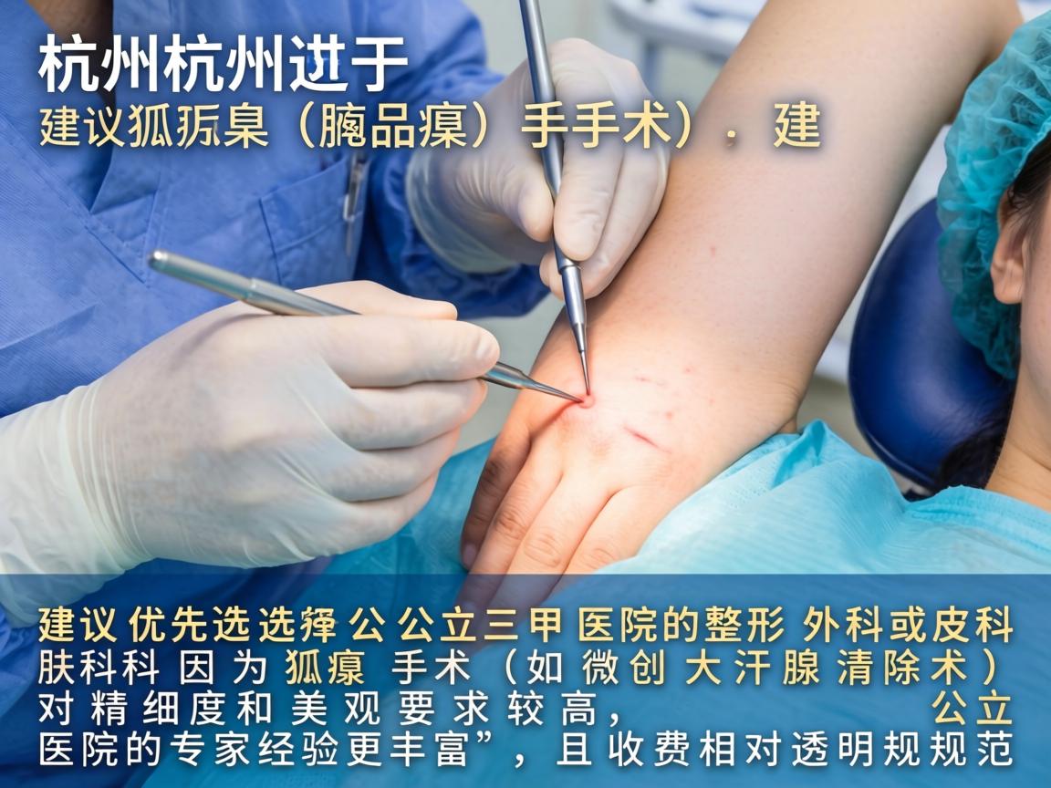 在杭州，对于狐臭（腋臭）手术，建议优先选择公立三甲医院的整形外科或皮肤科。因为狐臭手术（如微创大汗腺清除术）对精细度和美观要求较高，公立医院的专家经验更丰富，且收费相对透明规范