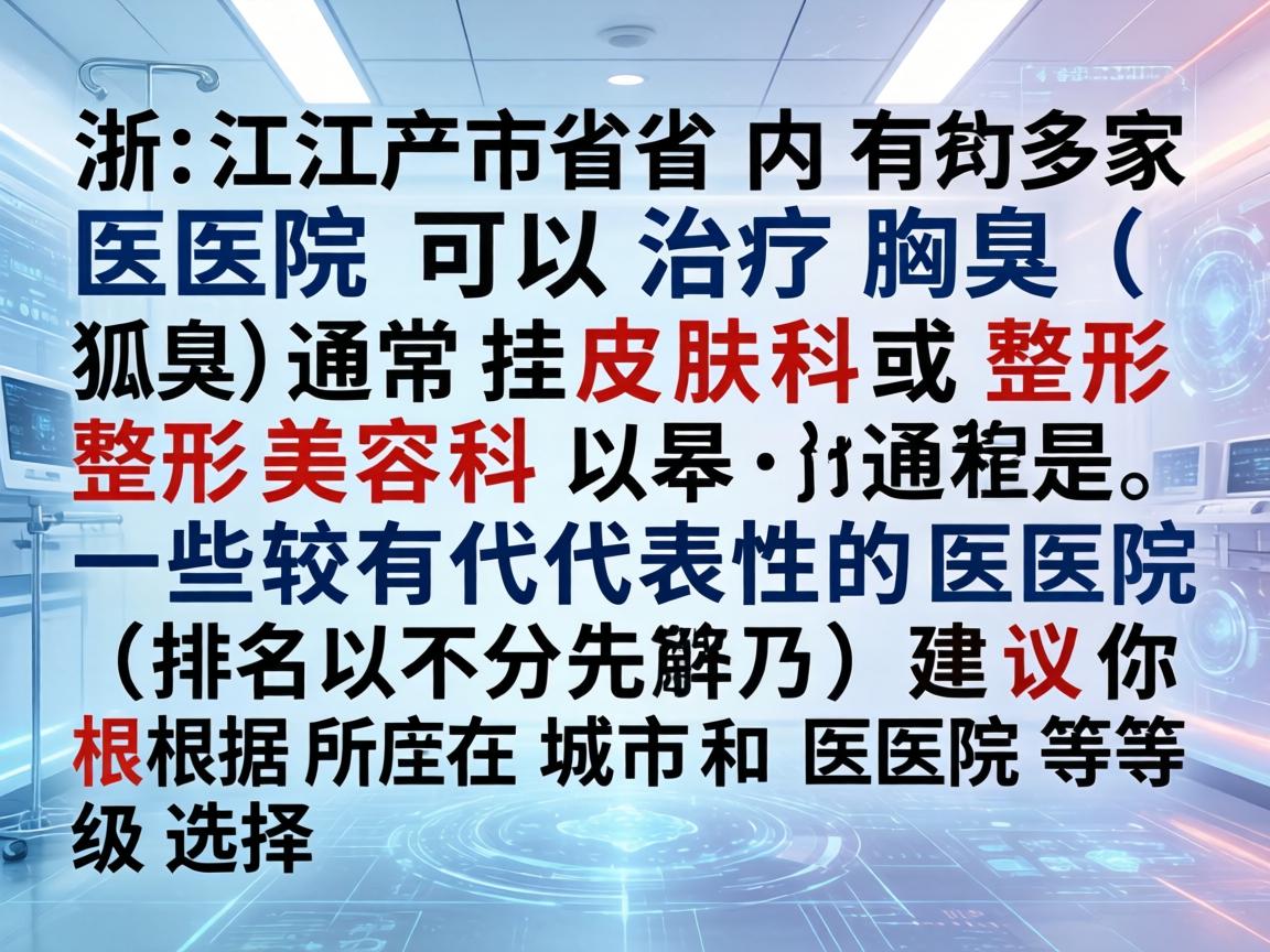 浙江省内有多家医院可以治疗腋臭（狐臭）通常挂皮肤科或整形美容科。以下是一些比较有代表性的医院（排名不分先后）建议你根据所在城市和医院等级选择