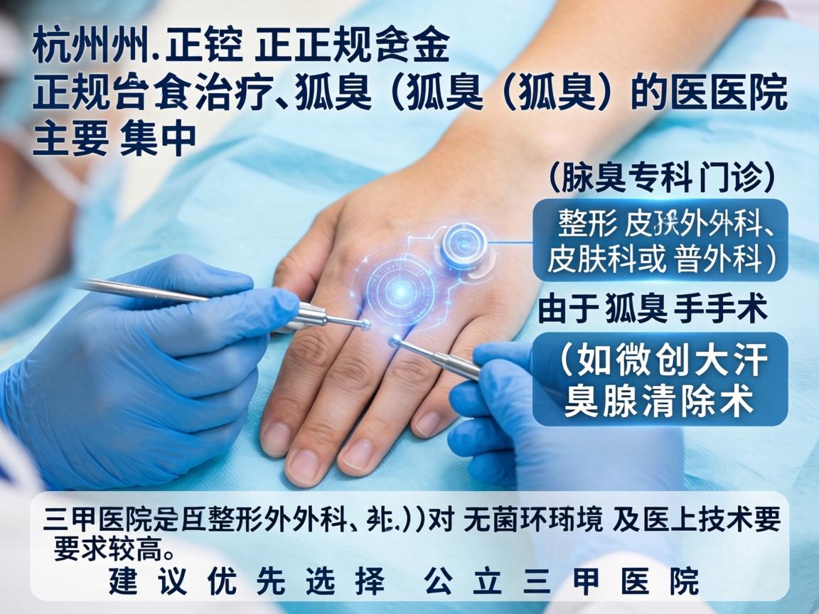 在杭州，正规治疗狐臭（腋臭）的医院主要集中在三甲医院的整形外科、皮肤科或普外科（腋臭专科门诊）由于狐臭手术（如微创大汗腺清除术）对无菌环境及医生技术要求较高，建议优先选择公立三甲医院