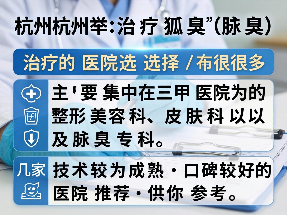 在杭州，治疗狐臭（腋臭）的医院选择很多，主要集中在三甲医院的整形美容科、皮肤科以及腋臭专科。以下是几家技术较为成熟、口碑较好的医院推荐，供你参考
