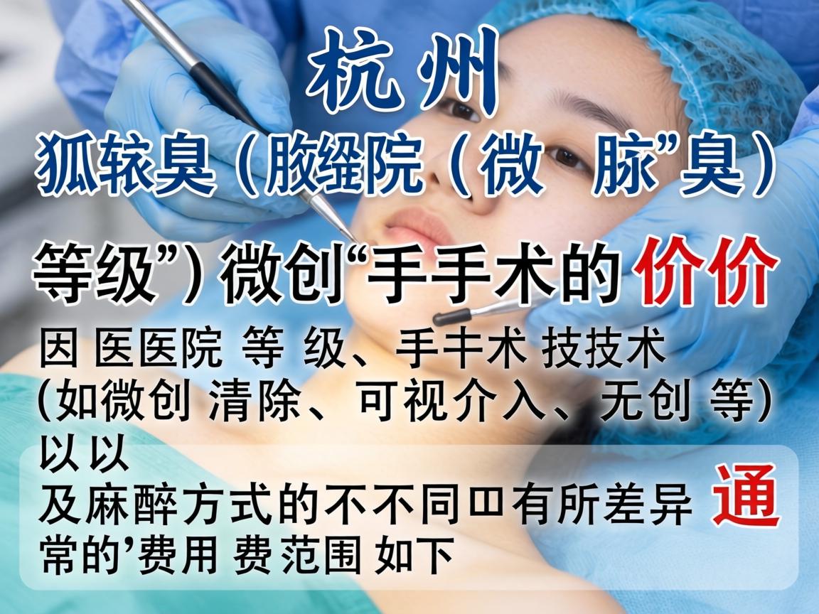 在杭州,狐臭(腋臭)微创手术的价格因医院等级、手术技术(如微创清除、可视介入、无创等)以及麻醉方式的不同而有所差异。通常的费用范围如下 在杭州,狐臭(腋臭)微创手术的价格因医院等级、手术技术(如微创清除、可视介入、无创等)以及麻醉方式的不同而有所差异。通常的费用范围如下
