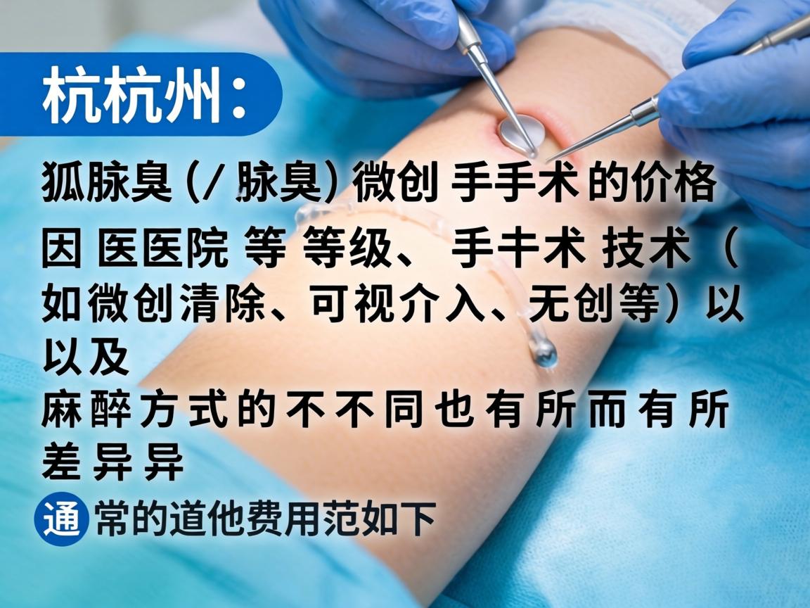 在杭州,狐臭(腋臭)微创手术的价格因医院等级、手术技术(如微创清除、可视介入、无创等)以及麻醉方式的不同而有所差异。通常的费用范围如下 在杭州,狐臭(腋臭)微创手术的价格因医院等级、手术技术(如微创清除、可视介入、无创等)以及麻醉方式的不同而有所差异。通常的费用范围如下