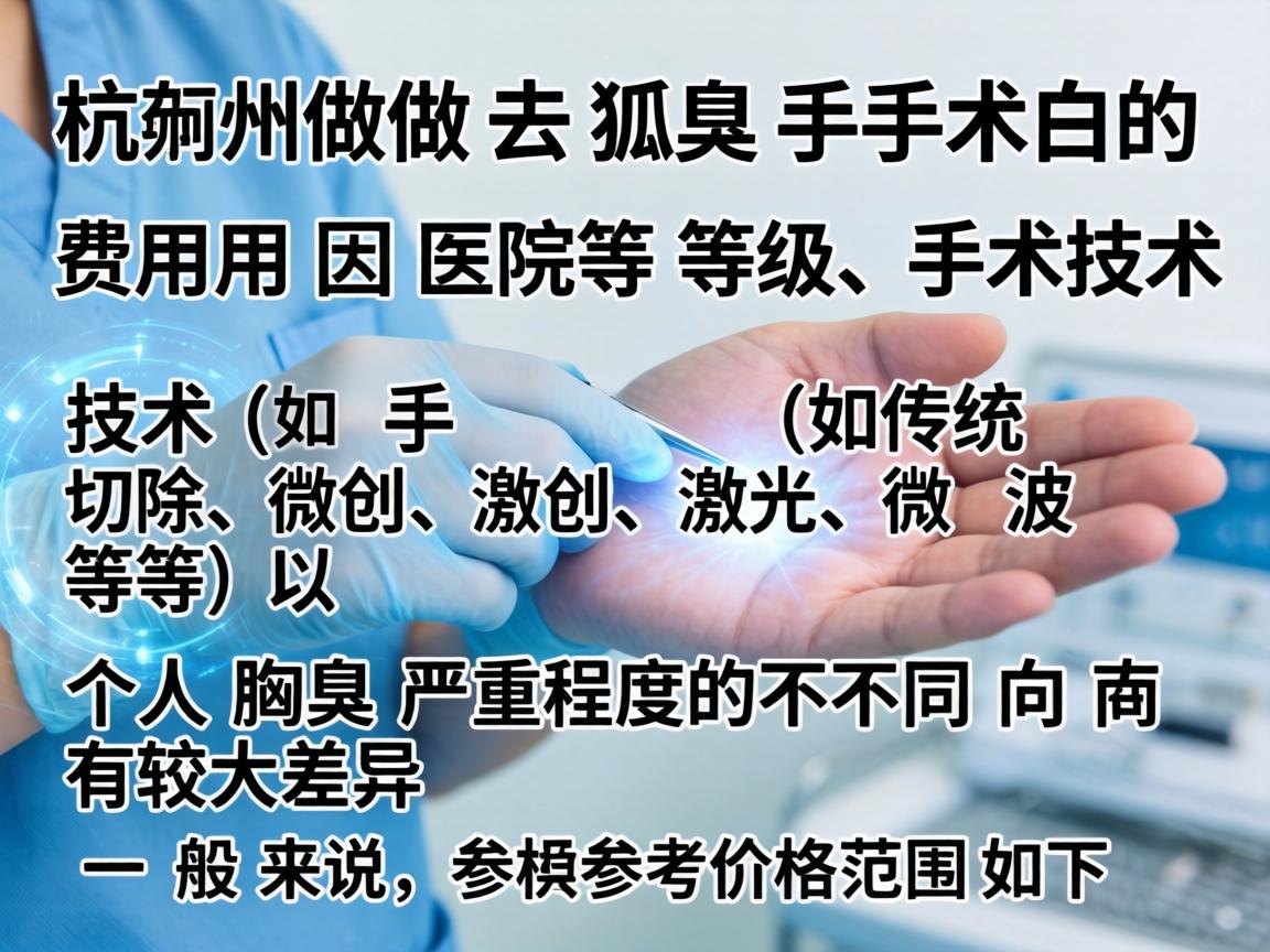 在杭州,做去狐臭手术的费用因医院等级、手术技术(如传统切除、微创、激光、微波等)以及个人腋臭严重程度的不同而有较大差异。一般来说,参考价格范围如下 在杭州,做去狐臭手术的费用因医院等级、手术技术(如传统切除、微创、激光、微波等)以及个人腋臭严重程度的不同而有较大差异。一般来说,参考价格范围如下