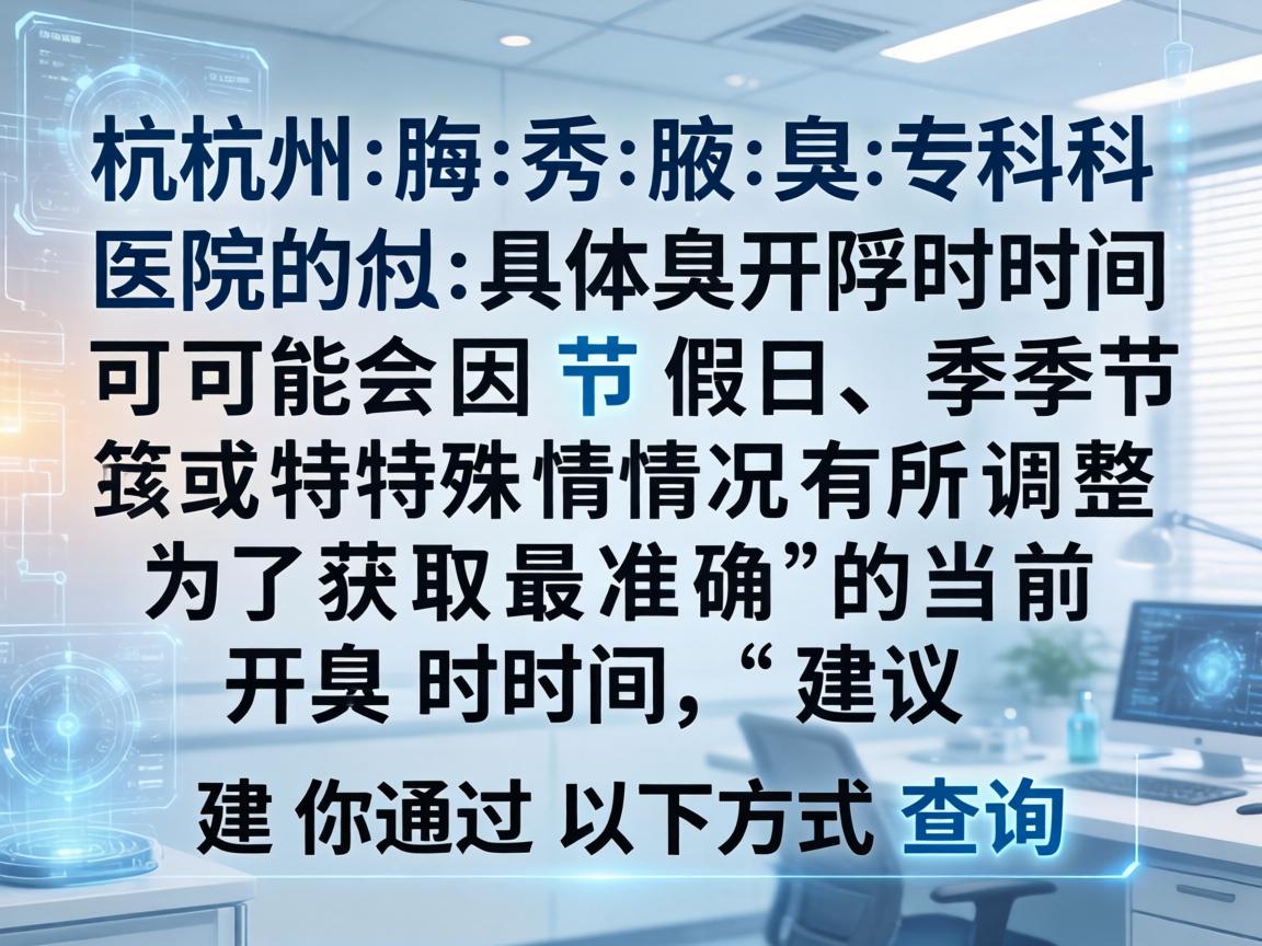 杭州腋秀腋臭专科医院的具体开诊时间可能会因节假日、季节或特殊情况有所调整。为了获取最准确的当前开诊时间,建议你通过以下方式查询 杭州腋秀腋臭专科医院的具体开诊时间可能会因节假日、季节或特殊情况有所调整。为了获取最准确的当前开诊时间,建议你通过以下方式查询