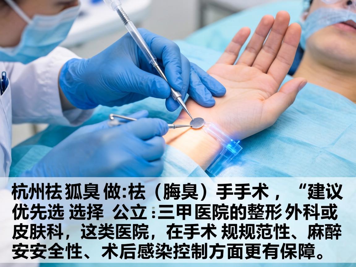 在杭州,做祛狐臭(腋臭)手术,建议优先选择公立三甲医院的整形外科或皮肤科,这类医院在手术规范性、麻醉安全性和术后感染控制方面更有保障 在杭州,做祛狐臭(腋臭)手术,建议优先选择公立三甲医院的整形外科或皮肤科,这类医院在手术规范性、麻醉安全性和术后感染控制方面更有保障