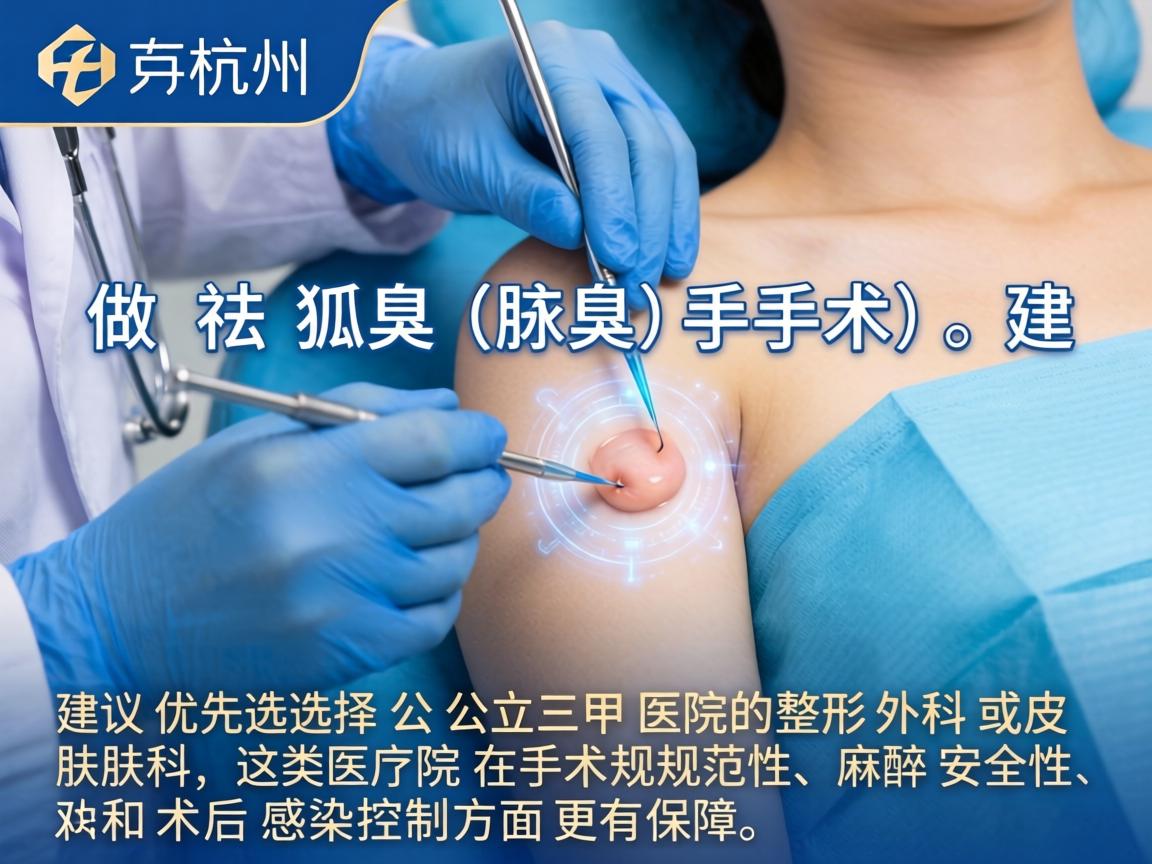 在杭州,做祛狐臭(腋臭)手术,建议优先选择公立三甲医院的整形外科或皮肤科,这类医院在手术规范性、麻醉安全性和术后感染控制方面更有保障 在杭州,做祛狐臭(腋臭)手术,建议优先选择公立三甲医院的整形外科或皮肤科,这类医院在手术规范性、麻醉安全性和术后感染控制方面更有保障