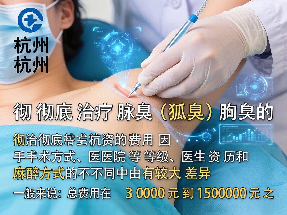 在杭州，彻底治疗腋臭（狐臭）的费用因手术方式、医院等级、医生资历和麻醉方式的不同而有较大差异。一般来说，总费用在 3000元到15000元 之间