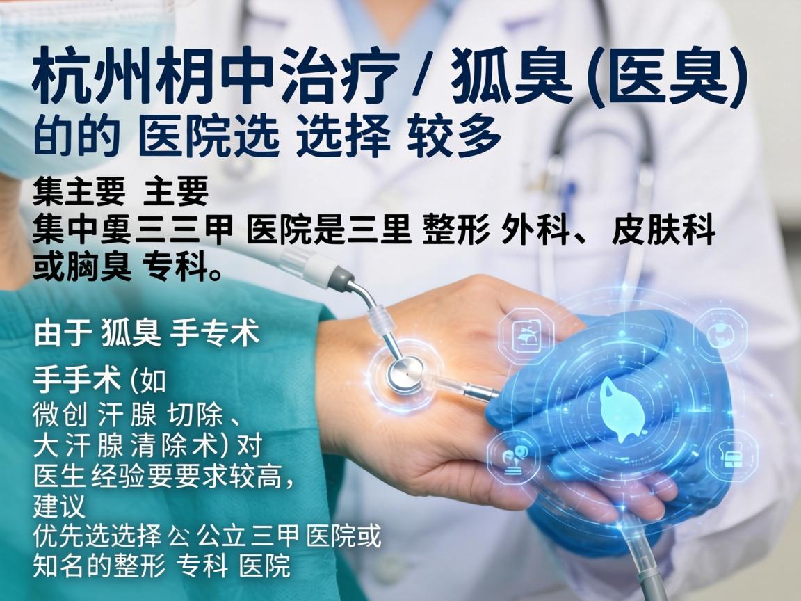 杭州治疗狐臭(腋臭)的医院选择较多,主要集中在三甲医院的整形外科、皮肤科或腋臭专科。由于狐臭手术(如微创汗腺切除、大汗腺清除术)对医生经验要求较高,建议优先选择公立三甲医院或知名的整形专科医院 杭州治疗狐臭(腋臭)的医院选择较多,主要集中在三甲医院的整形外科、皮肤科或腋臭专科。由于狐臭手术(如微创汗腺切除、大汗腺清除术)对医生经验要求较高,建议优先选择公立三甲医院或知名的整形专科医院