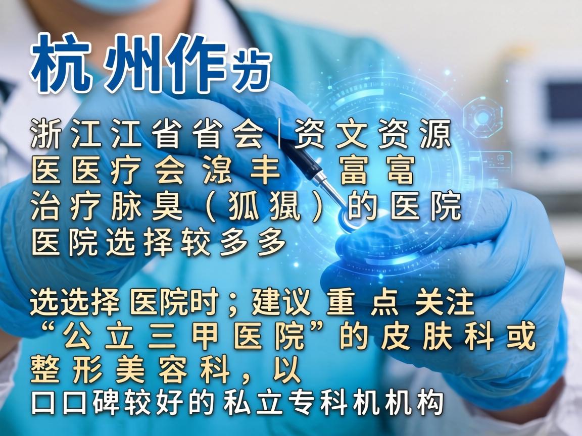 杭州作为浙江省会，医疗资源丰富，治疗腋臭（狐臭）的医院选择较多。选择医院时，建议重点关注公立三甲医院的皮肤科或整形美容科，以及口碑较好的私立专科机构