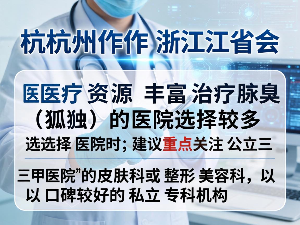 杭州作为浙江省会，医疗资源丰富，治疗腋臭（狐臭）的医院选择较多。选择医院时，建议重点关注公立三甲医院的皮肤科或整形美容科，以及口碑较好的私立专科机构