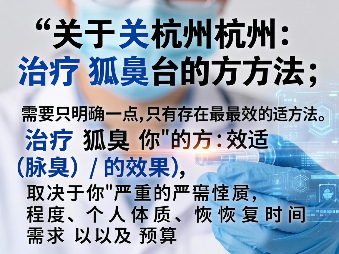 关于杭州治疗狐臭的方法,需要明确一点,不存在最好的方法,只有最适合你的方法。治疗狐臭(腋臭)的效果,取决于你的严重程度、个人体质、恢复时间需求以及预算 关于杭州治疗狐臭的方法,需要明确一点,不存在最好的方法,只有最适合你的方法。治疗狐臭(腋臭)的效果,取决于你的严重程度、个人体质、恢复时间需求以及预算