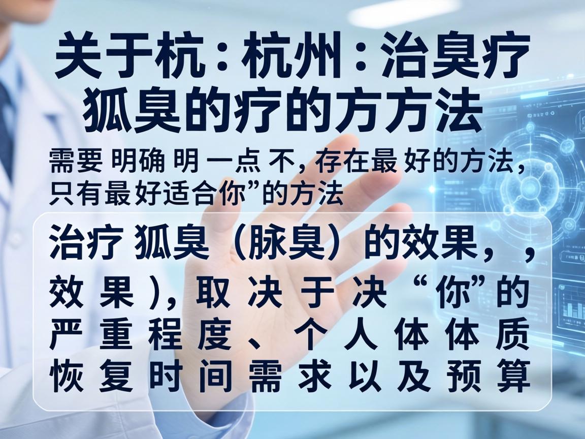 关于杭州治疗狐臭的方法,需要明确一点,不存在最好的方法,只有最适合你的方法。治疗狐臭(腋臭)的效果,取决于你的严重程度、个人体质、恢复时间需求以及预算 关于杭州治疗狐臭的方法,需要明确一点,不存在最好的方法,只有最适合你的方法。治疗狐臭(腋臭)的效果,取决于你的严重程度、个人体质、恢复时间需求以及预算