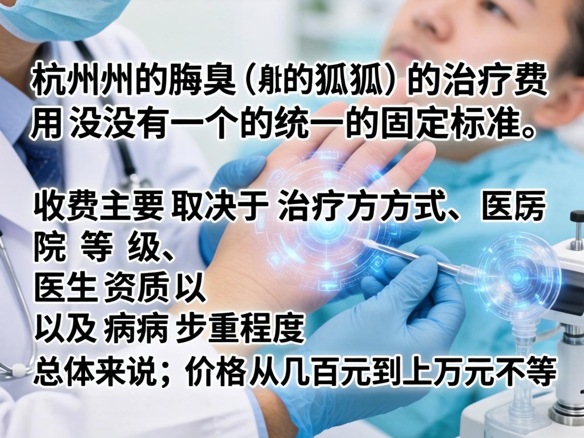 在杭州,腋臭(狐臭)的治疗费用没有一个统一的固定标准,收费主要取决于治疗方式、医院等级、医生资质以及病情严重程度。总体来说,价格从几百元到上万元不等 在杭州,腋臭(狐臭)的治疗费用没有一个统一的固定标准,收费主要取决于治疗方式、医院等级、医生资质以及病情严重程度。总体来说,价格从几百元到上万元不等